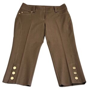Cache Contour Brown Capri Pants Gold Button Hem Size 6